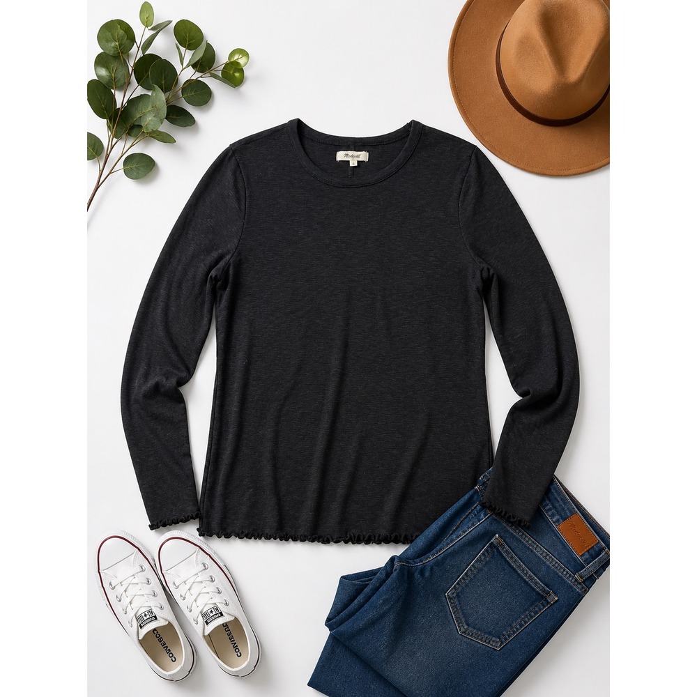 Madewell Black Slub Knit Lettuce‎ Edge Long Sleeve Tee Women Small